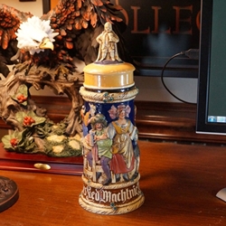 Beer Stein, Figural lid, J.W. Remy, Catalog Number 1044, 0.5L, Pottery, relief, figural lid