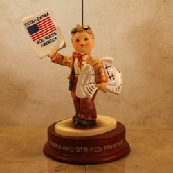 M.I. Hummel 2113 Extra! Extra!, God Bless America, Proud To Be American, Wood Base, Tmk 8