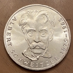 1975-G Germany, 5 Deutsche Mark Albert Schweitzer, KM143 / J-418