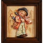 M.I. Hummel 107 Little Fiddler, Plaque With Wooden Frame, Tmk 1