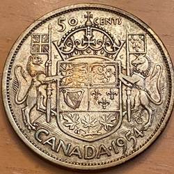 1954 50 Cents - Elizabeth II 1st portrait, simplified coat of arms