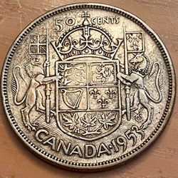 1953 50 Cents - Elizabeth II 1st portrait, simplified coat of arms