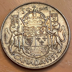 1953 50 Cents - Elizabeth II 1st portrait, simplified coat of arms