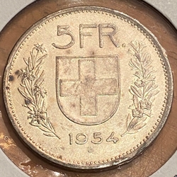 1954-B Switzerland, 5 Francs Herdsman; Silver .835