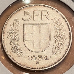 1932-B Switzerland, 5 Francs Herdsman; Silver .835