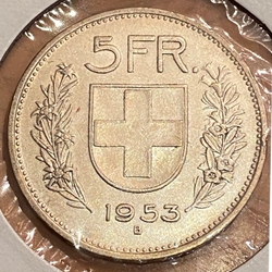 1953-B Switzerland, 5 Francs Herdsman; Silver .835