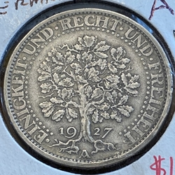 1927A Germany, 5 Reichsmark, Oak Tree, KM 56