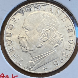 1969-G Germany, 5 Deutsche Mark Theodor Fontane, KM125