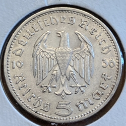 1936-A Germany, 5 Reichsmark Paul von Hindenburg, J-360