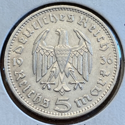 1936-A Germany, 5 Reichsmark Paul von Hindenburg, J-360