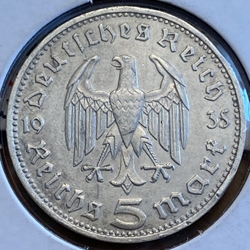 1935-D Germany, 5 Reichsmark Paul von Hindenburg, J-360