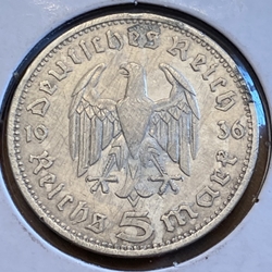 1936-A Germany, 5 Reichsmark Paul von Hindenburg, J-360