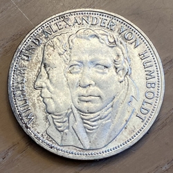 1967-F Germany, 5 Deutsche Mark Wilhelm and Alexander von Humboldt, KM120