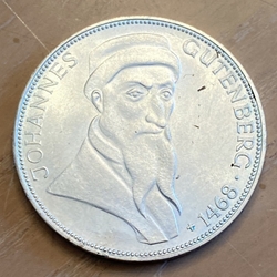 1968-G Germany, 5 Deutsche Mark Johannes Gutenberg, KM122