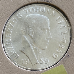 1959 Austria, 25 Schilling Erzherzog Johann, KM# 2887, ASW: 0.3344oz