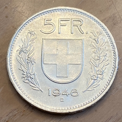 1948-B Switzerland, 5 Francs Herdsman; Silver .835, ASW: 0.4027oz