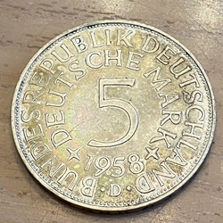 1958D Germany, 5 Deutsche Mark, KM112