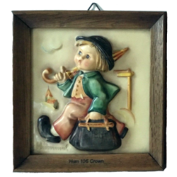 M.I. Hummel 106 Merry Wanderer Plaque With Wooden Frame, Tmk 1