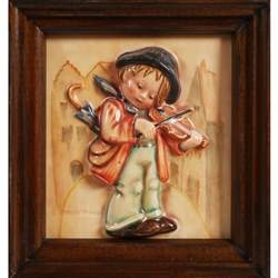 M.I. Hummel 107 Little Fiddler, Plaque With Wooden Frame, Tmk 1