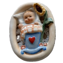 M.I. Hummel 138 Tiny Baby in Crib, Blue, Double Crown, Tmk 1